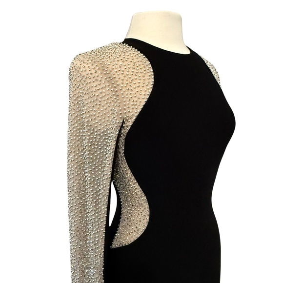 XSCAPE Dress Sz 6 Silver Beaded Black Stretch Mini Illusion Slimming Long Sleeve - Picture 5 of 15